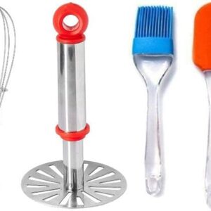 OMORTEX Maharaja Combo Of Manual Hand Blender, Whisk, Stainless Steel Masher, Spatula With Brush & 2 in 1 Strainer-Greater (Pack Of 6)