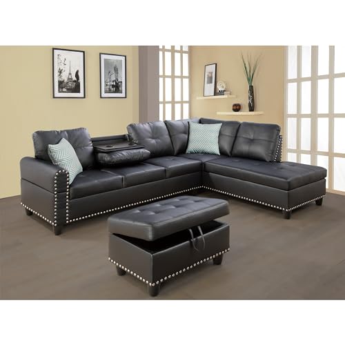 ERYE L Shaped Modular Sectional Sofa with Right Chaise,L-Shaped 5 Seaters Upholstered Corner Sofa&Couch W/2 Cup Holders and Storage Ottoman for Home Apartment Office Living Room