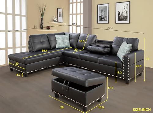 ERYE L Shaped Modular Sectional Sofa with Right Chaise,L-Shaped 5 Seaters Upholstered Corner Sofa&Couch W/2 Cup Holders and Storage Ottoman for Home Apartment Office Living Room