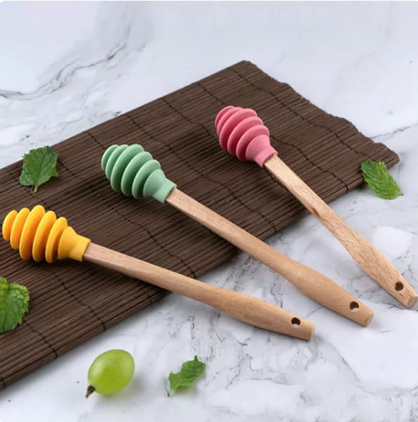 1PC Yellow Honey Dipper Sticks,Wood Honey Dipper Sticks Silicone Honey Sauce Stirrer Spoon Wooden Honey Mixing Stirrer for Kitchen Tool,Easy to Clean and Store,Kitchen and Dining