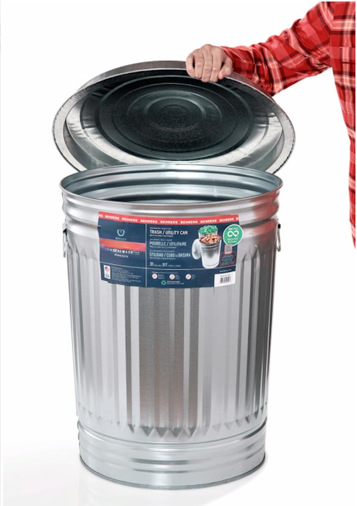 Generic Galvanized Steel Trash Can - Trash Can with Lid - Galvanized Trash Can with Lid - Metal Trash Can - Outdoor Garbage Can with Lid -Steel, Gray - Pre-Galvanized Trash Can with Lid Round