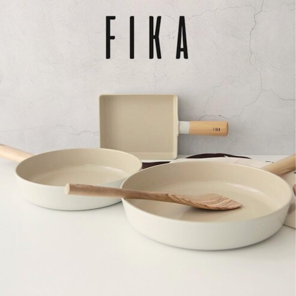 FIKA Kitchen Essential 3-Piece Stir Frying Pan Set with Wood Handle, Healthy Cooking Nonstick Ceramic Coating Skillet, Tamagoyaki Omelet Pan, Induction Compatible Cookware, Made in Korea