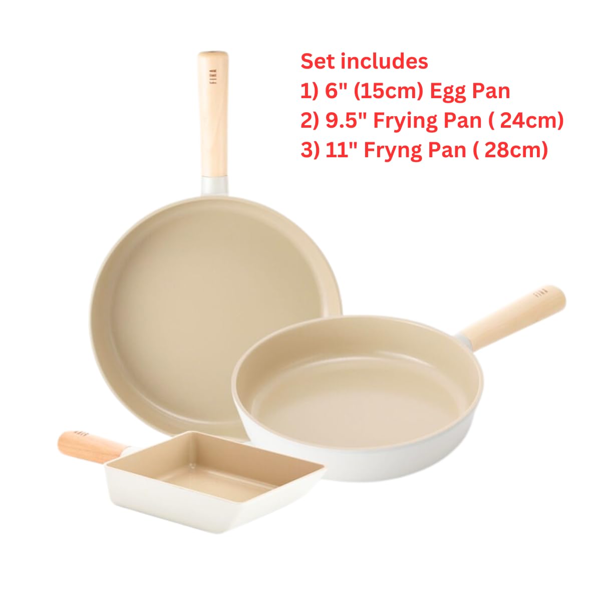 FIKA Kitchen Essential 3-Piece Stir Frying Pan Set with Wood Handle, Healthy Cooking Nonstick Ceramic Coating Skillet, Tamagoyaki Omelet Pan, Induction Compatible Cookware, Made in Korea