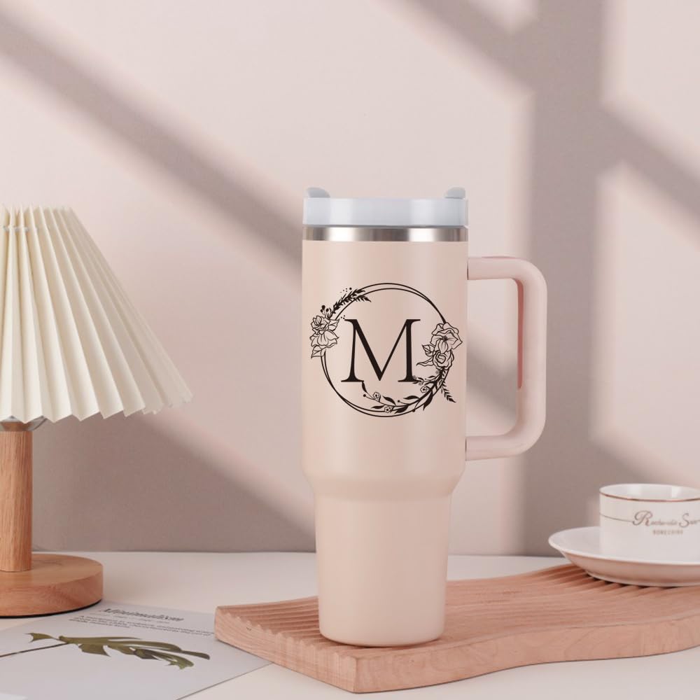 AMZUShome Personalized 40oz Tumbler Cup with Initials.Cup with Letter M 40oz Tumbler with Handle.Custom Tumbler Cup with Letter.Initial Monogram Tumbler Mug Gifts for Women Birthday Christmas.