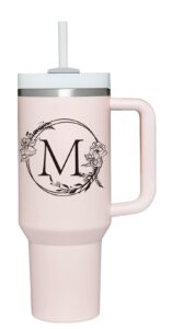 amzushome personalized 40oz tumbler cup with initials.cup with letter m 40oz tumbler with handle.custom tumbler cup with letter.initial monogram tumbler mug gifts for women birthday christmas.