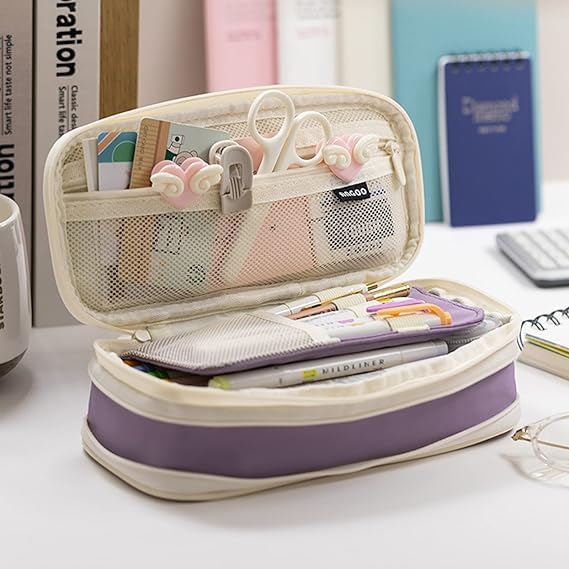 Generic Trendy Large Capacity Zipper Pencil Case Pen Pouch Bag Office Student Canvas Stationery (purple), tc001