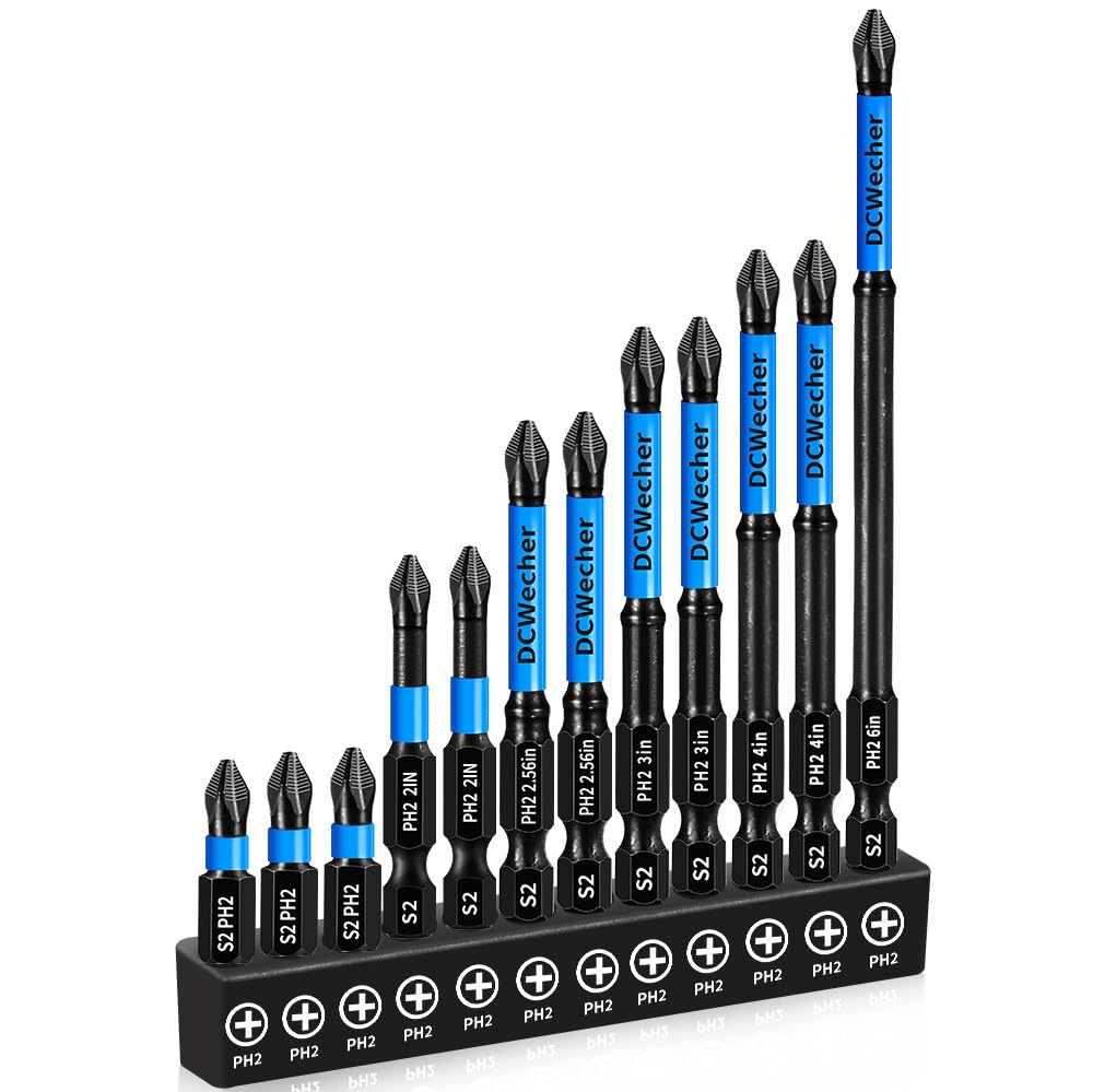 12-Pack 2 Phillips Bits, Professional CNC Anti-Slip Phillips Impact Driver Bits #2, 1 IN to 6 IN Long Screwdriver Bits, Phillips Head Drill Bits S2 Alloy Steel, Magnetic Phillips Bit, Ph2 Bits