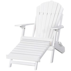 outsunny folding adirondack chair with pull out ottoman, outdoor fir wood fire pit chair with footrest, porch fanback lounge for patio, poolside lawn garden, white