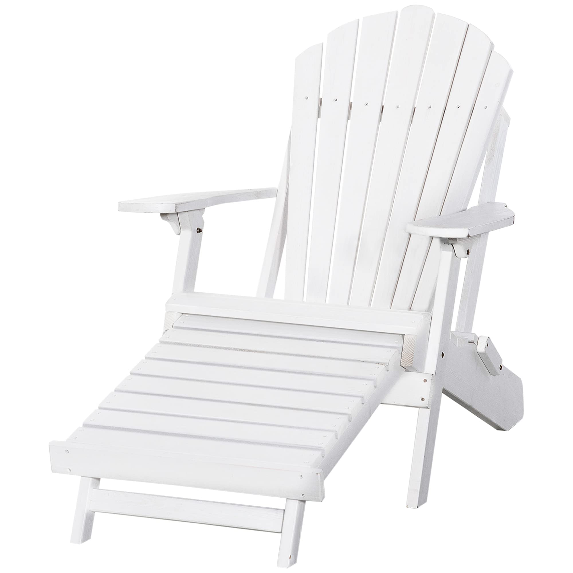 Outsunny Folding Adirondack Chair with Pull Out Ottoman, Outdoor Fir Wood Fire Pit Chair with Footrest, Porch Fanback Lounge for Patio, Poolside Lawn Garden, White