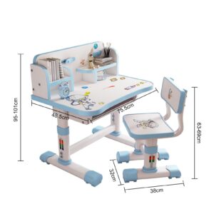 Kids Study Desk and Chair Set, Height Adjustable Kids School Desk, Wood Cartoon Learning Desks, Kids Desk with Storage, Children Study Table with Storage, Large Writing Board, Bookshelf… (Blue)