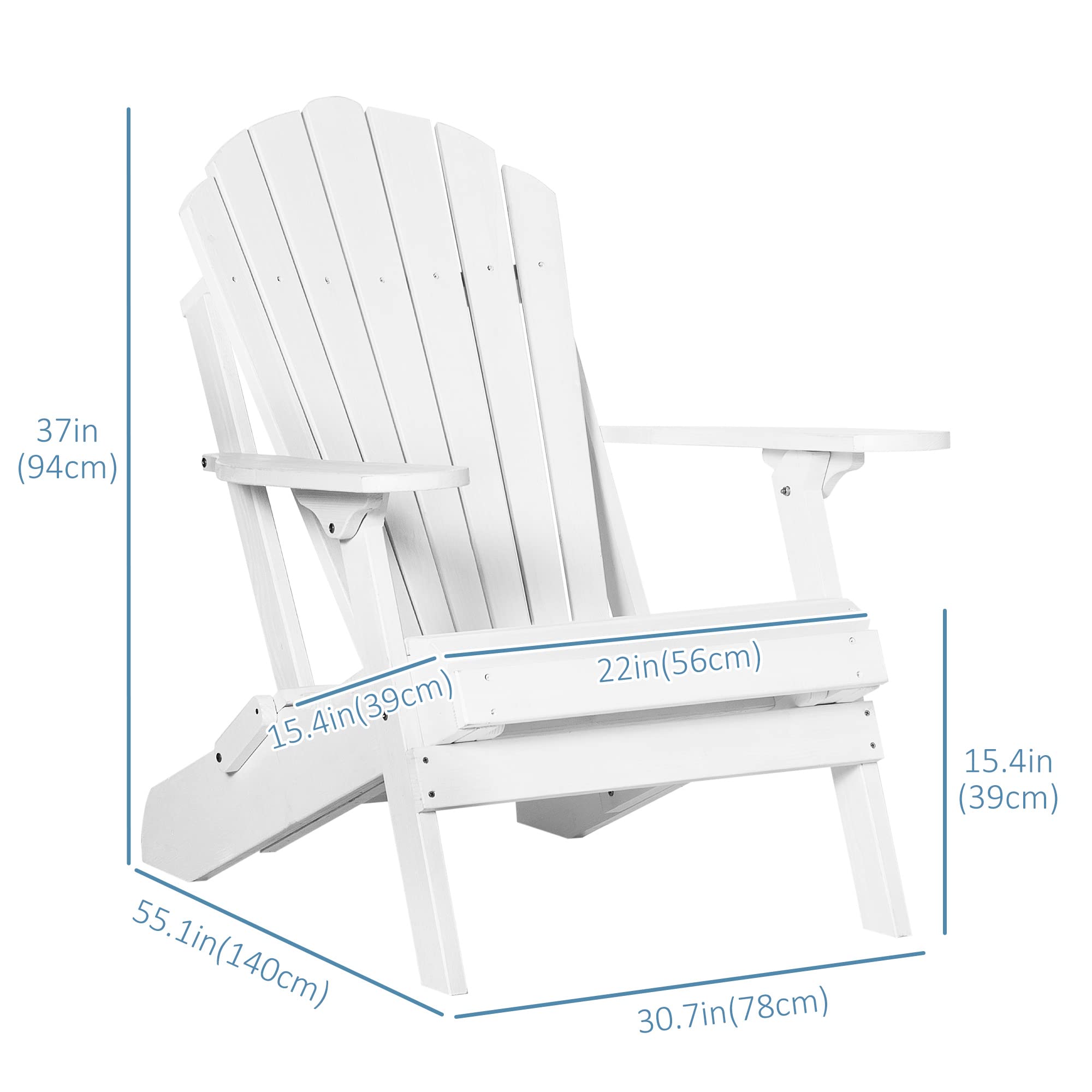 Outsunny Folding Adirondack Chair with Pull Out Ottoman, Outdoor Fir Wood Fire Pit Chair with Footrest, Porch Fanback Lounge for Patio, Poolside Lawn Garden, White