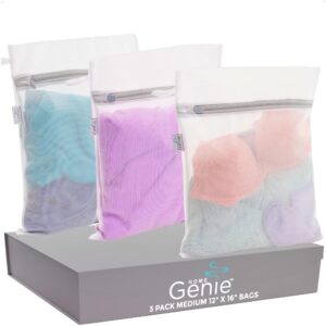 home genie durable and gentle mesh laundry bags for washing delicates, oversized silicone zipper, machine safe for bras lingerie baby garments, net bag for tangle free wash dry, travel, 3 pk medium