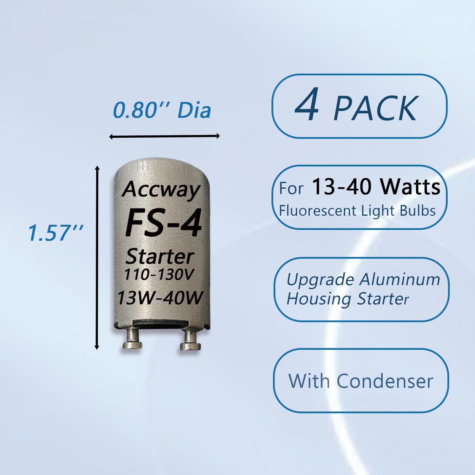 Accway Aluminum Housing FS-4 Fluorescent Bulb Starter 13-40Watts, Preheat Fluorescent Bulbs Starter with Condenser 13W, 30W,32W,40W 4Pack