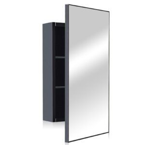 16" x 26" black bathroom medicine cabinet with mirror, recessed rectangle bathroom medicine cabinet with stainless steel framed, wall mount storage cabinet for bathroom | 2 adjustable glass shelves