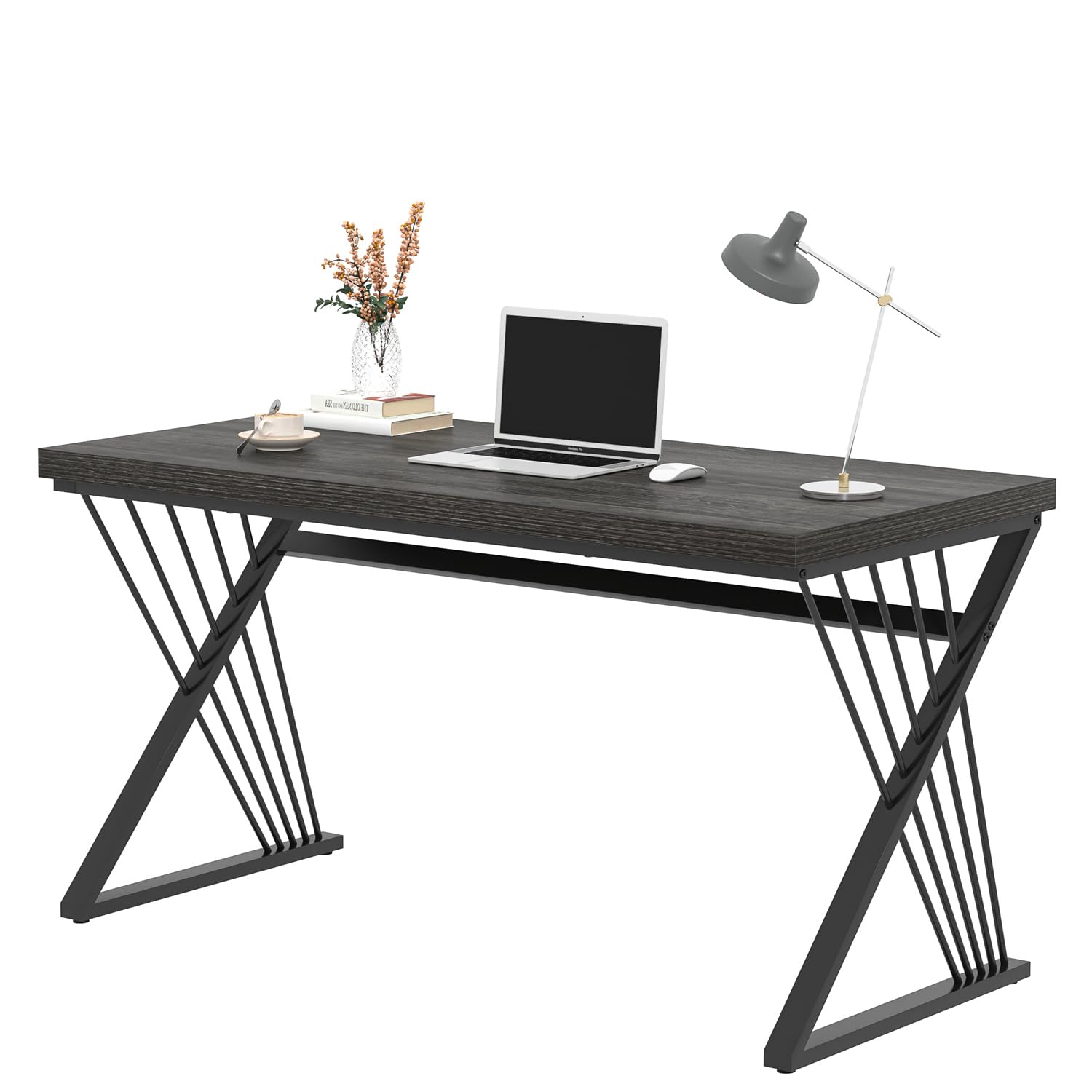 FOLUBAN Modern Home Office Desk, Rustic Wood and Metal Computer Desk, Writing Study Gaming Table PC Desks for Living Room Bedroom, Industrial Dark Gray, 53 inch