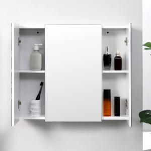 kleankin Bathroom Medicine Cabinet with Mirror, Wall Mounted Bathroom Mirror Cabinet with 3 Doors, Adjustable Shelves and Soft Close Mechanism, White