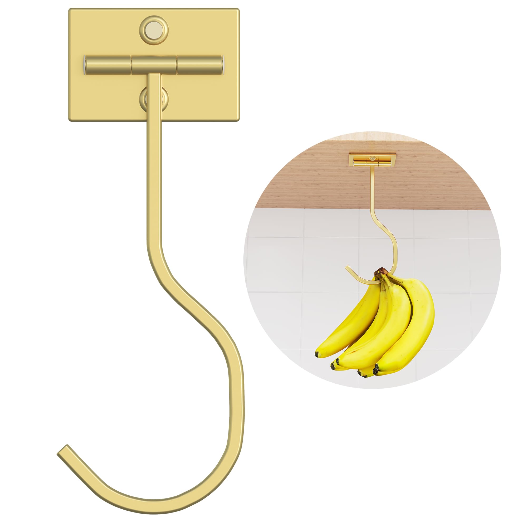 bussdis Folding Banana Hanger Hook Gold - Banana Holder Under Cabinet, Self Adhesive Banana Hook