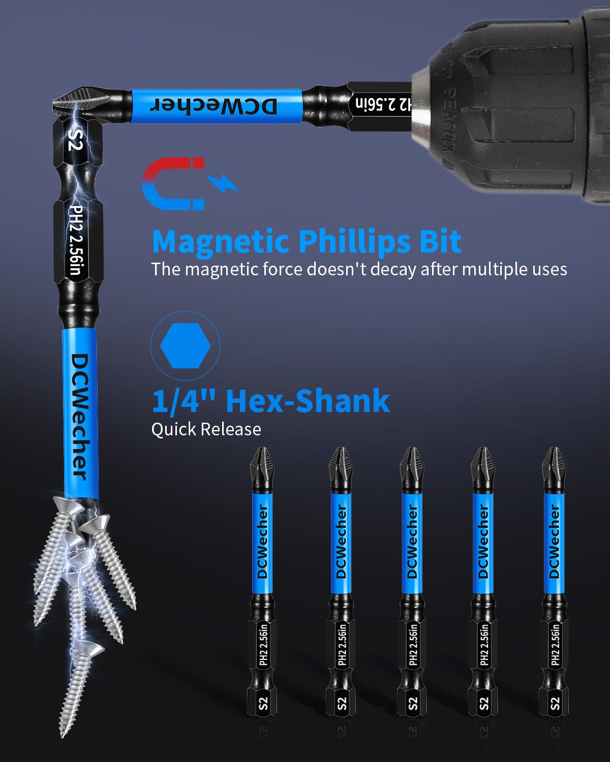 12-Pack 2 Phillips Bits, Professional CNC Anti-Slip Phillips Impact Driver Bits #2, 1 IN to 6 IN Long Screwdriver Bits, Phillips Head Drill Bits S2 Alloy Steel, Magnetic Phillips Bit, Ph2 Bits