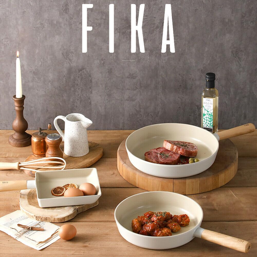 FIKA Kitchen Essential 3-Piece Stir Frying Pan Set with Wood Handle, Healthy Cooking Nonstick Ceramic Coating Skillet, Tamagoyaki Omelet Pan, Induction Compatible Cookware, Made in Korea