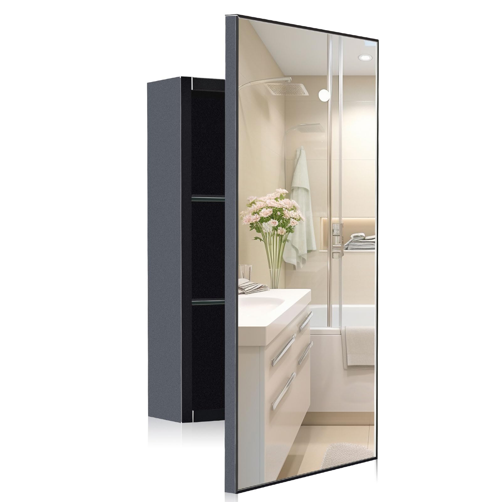 16" x 26" Black Bathroom Medicine Cabinet with Mirror, Recessed Rectangle Bathroom Medicine Cabinet with Stainless Steel Framed, Wall Mount Storage Cabinet for bathroom | 2 Adjustable Glass Shelves