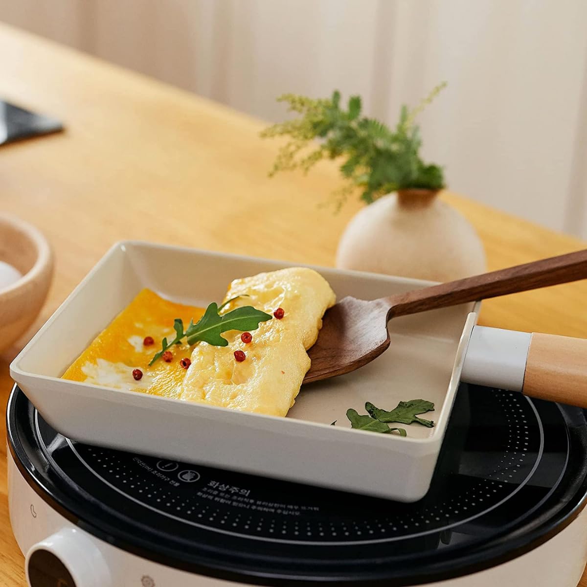 FIKA Kitchen Essential 3-Piece Stir Frying Pan Set with Wood Handle, Healthy Cooking Nonstick Ceramic Coating Skillet, Tamagoyaki Omelet Pan, Induction Compatible Cookware, Made in Korea