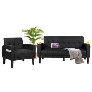 AILEEKISS 2 Piece Living Room Sofa Set Loveseat Sofas Sets with 2 USB, Cup Holders, Side Pocket, Modern Leather 2 Pcs Sectional Couches Set for Apartment, Office, Bedroom (Black, 2-Seat+1-Seat)