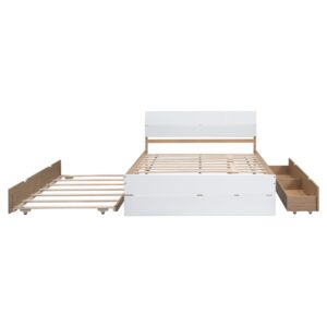 YOPTO Full Size Modern Bed Frame with Twin Size Trundle and 2 Drawers,Wooden Platform Bed W/High Gloss Craft Headboard and Footboard,Easy Assembly,for Bedroom,Apartment,White & Light Oak