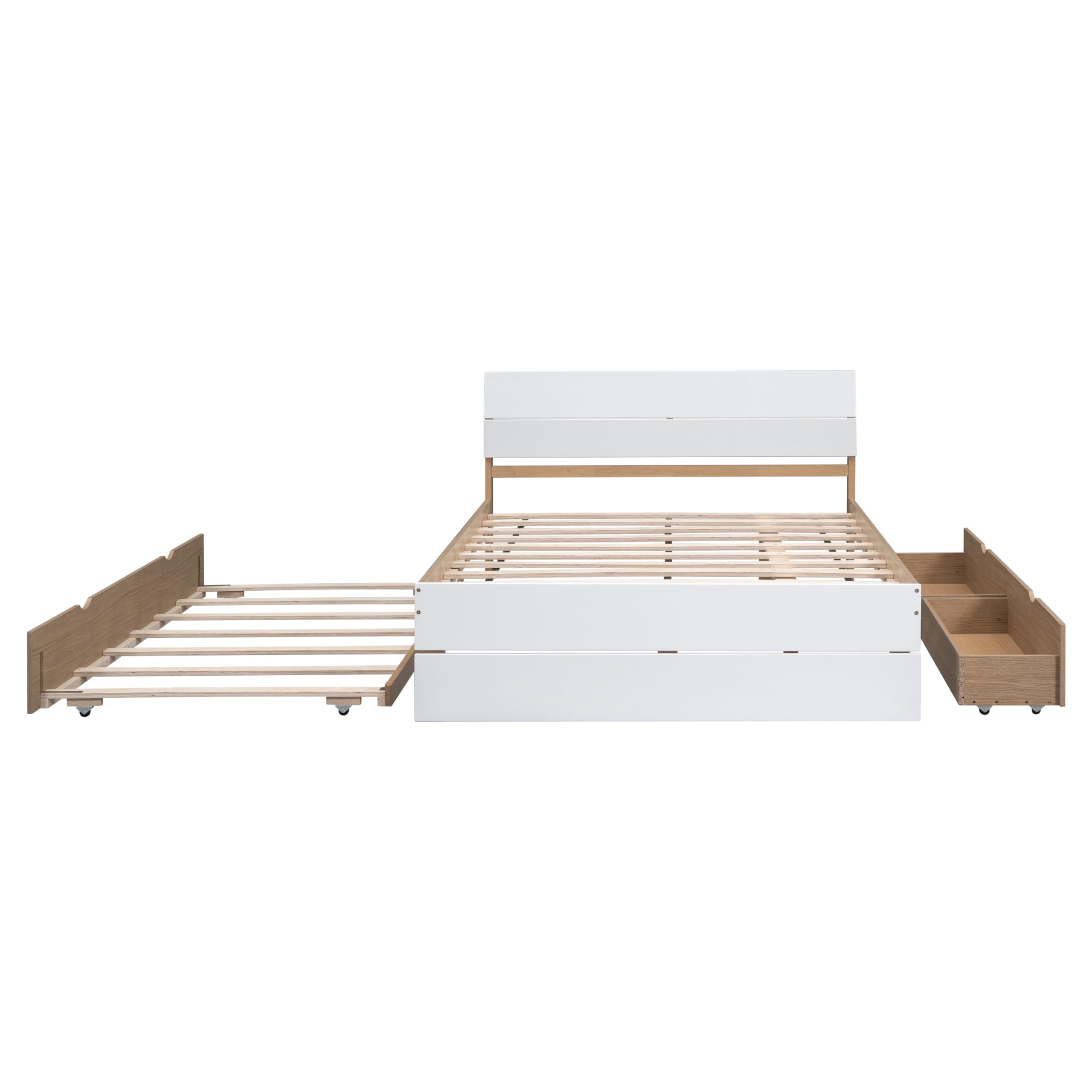 YOPTO Full Size Modern Bed Frame with Twin Size Trundle and 2 Drawers,Wooden Platform Bed W/High Gloss Craft Headboard and Footboard,Easy Assembly,for Bedroom,Apartment,White & Light Oak