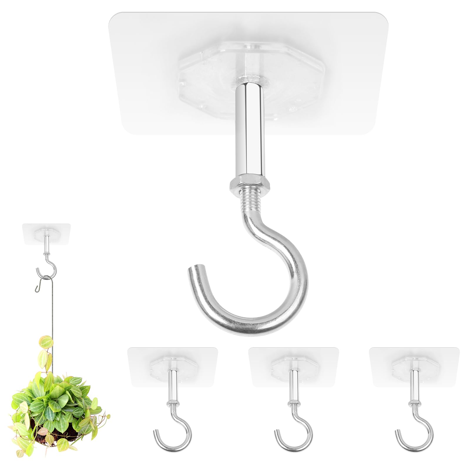 Adhesive Ceiling Hooks, 4 Pack 30lbs Super Heavy Duty Command Ceiling Hooks for Hanging Plants, Strong No Drill Outdoor Sticky Ceiling Hanger, Stick On Hooks for Lights,Wind Chimes,Lantern