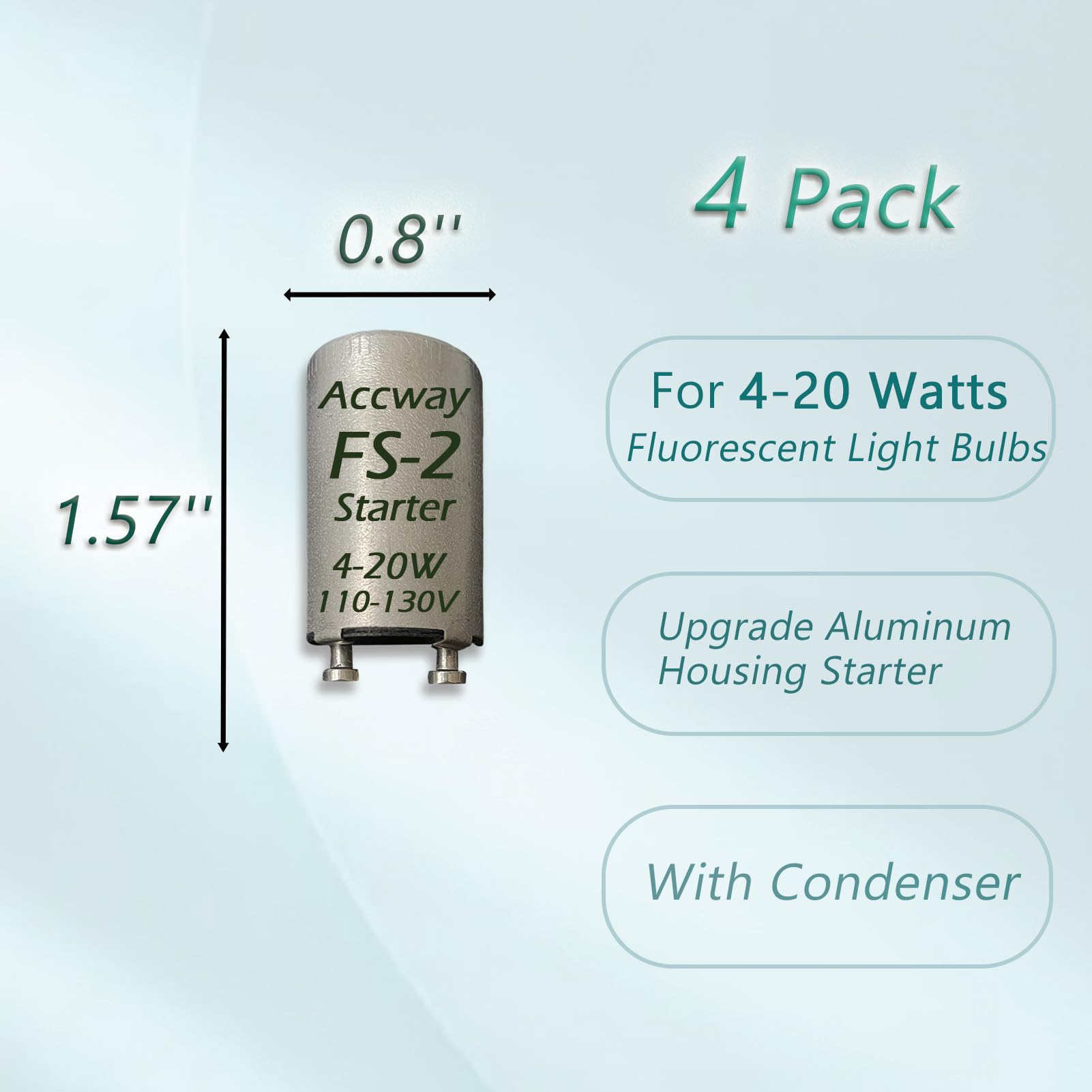 Accway 4pack Aluminum Housing FS-2 Fluorescent Starter for 4-20 watts, FS-2/S2 Preheat Fluorescent Light Bulbs Starter with Condenser