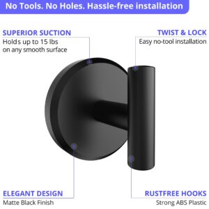 HOME SO Suction Cup Hooks T Shape for Shower, Bathroom, Glass Door, Mirror, Tile – Loofah, Towel, Coat, Bath Robe Hook Holder for Hanging up to 15 lbs – Waterproof & Rustproof, Black Matte (2-Pack)