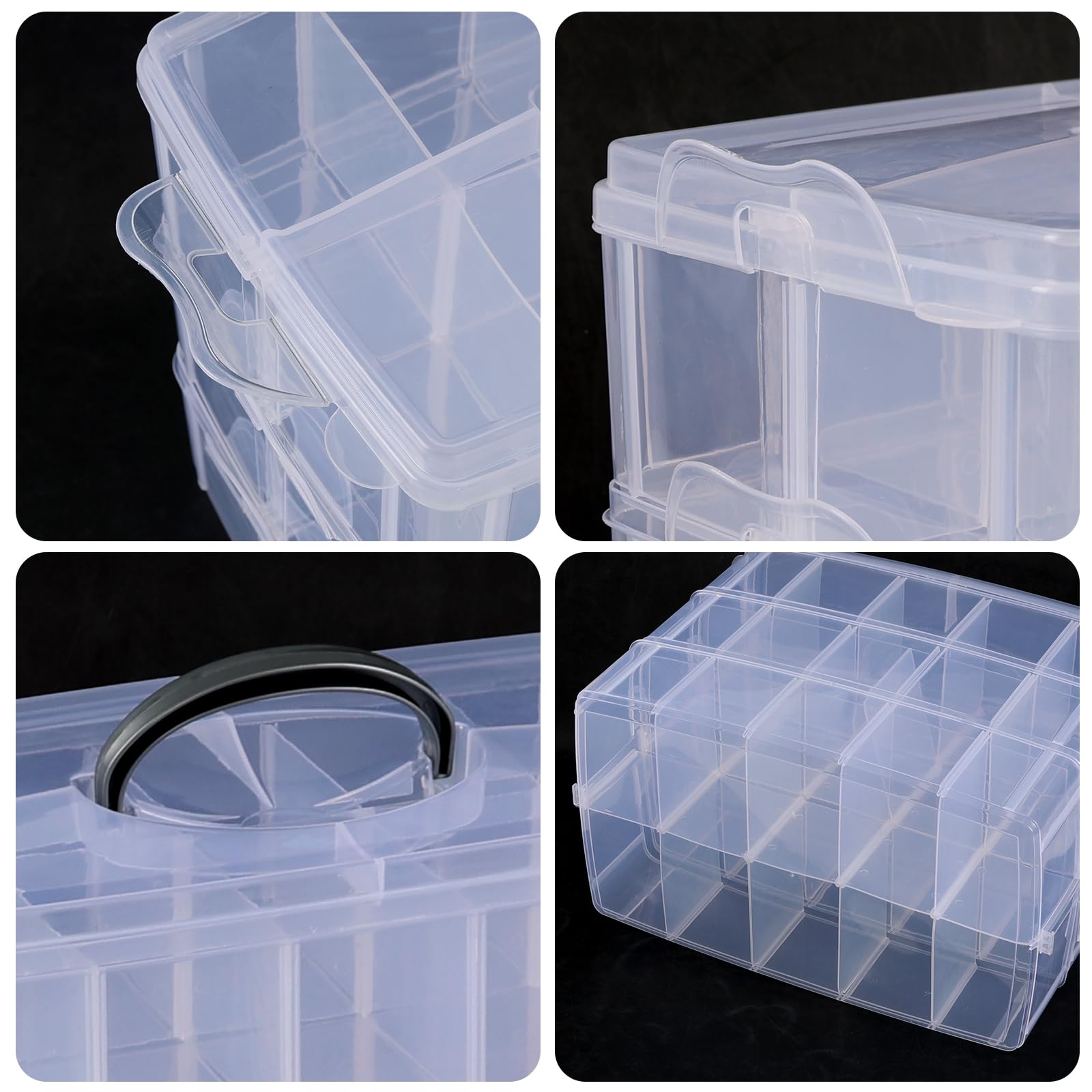 Tyminin 3-Tier Clear Plastic Swing Organizer Box, Large Portable Dividers Container, Craft Storage Bin with 30 Compartments, Large