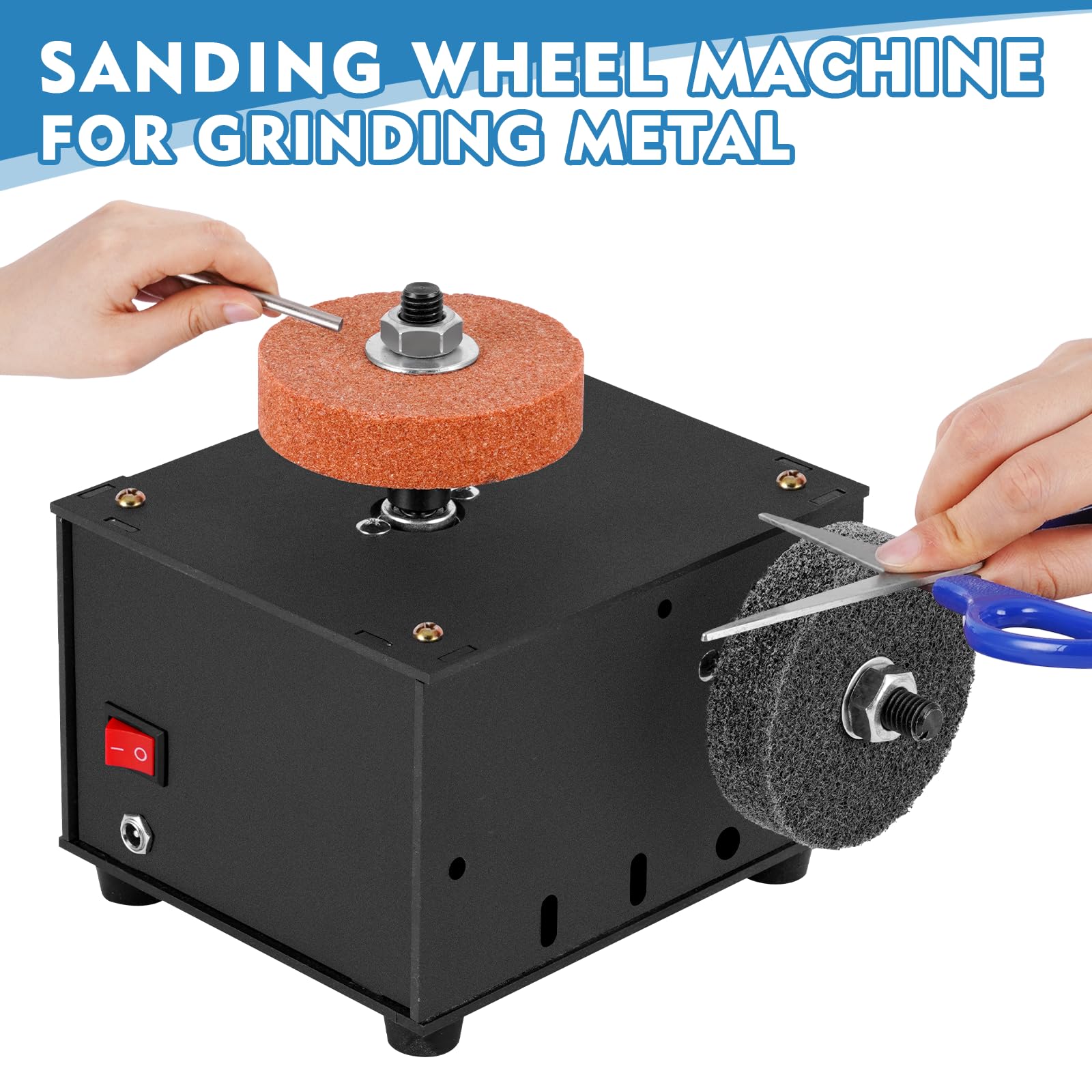 3-in-1 Mini Bench Grinder Polisher Machine, 4 inch Disc Sander, Seven Speed Adjustable, 4 inch Sanding Disc Machine with Dual Motor Control, Includes Six 3-Inch Sanding Wheels and 10 Sandpapers