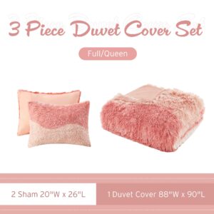 Intelligent Design Soft & Cozy Shaggy Faux Fur Duvet Cover Set, Trendy Ombre Design with Vibrant Color, All Seasons Soft Microfiber Duvet Bedding Cover, Sham, Cassie, Full/Queen Blush Multi 3 Piece