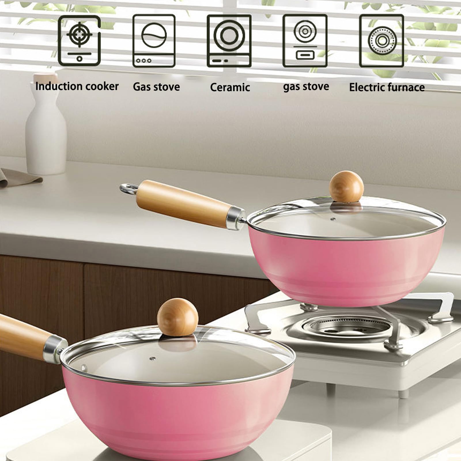 Ceramic Nonstick Frying Pan with Lid,Refined Iron Sauce Pan with Double Guide Ports and Wooden Handle, Cooking Pot Saucepan for Stove Top (Pink)