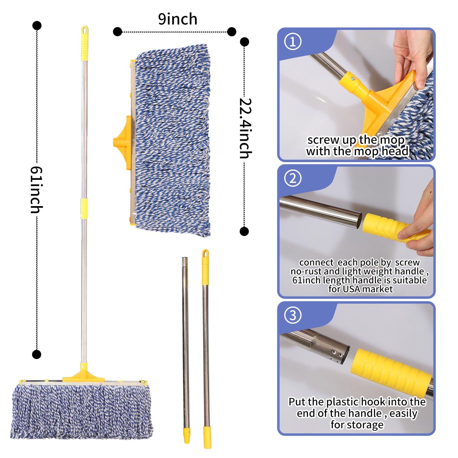 Wajeehaa Commercial Mops for Floor Cleaning, Wet Mop Heavy Duty Cotton Mop with 61" Stainless Steel Handle, 2 Packs