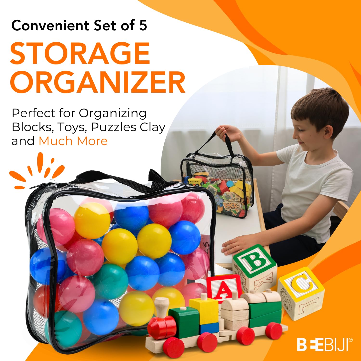 BEEBIJI Kids Toy Storage Organizer Set of 5 – 12" x 9.5" Durable PVC Storage Bag Organizer for Building Blocks, Toys – Toy Organizers and Storage Clear Storage Bags with Removable Name Tags