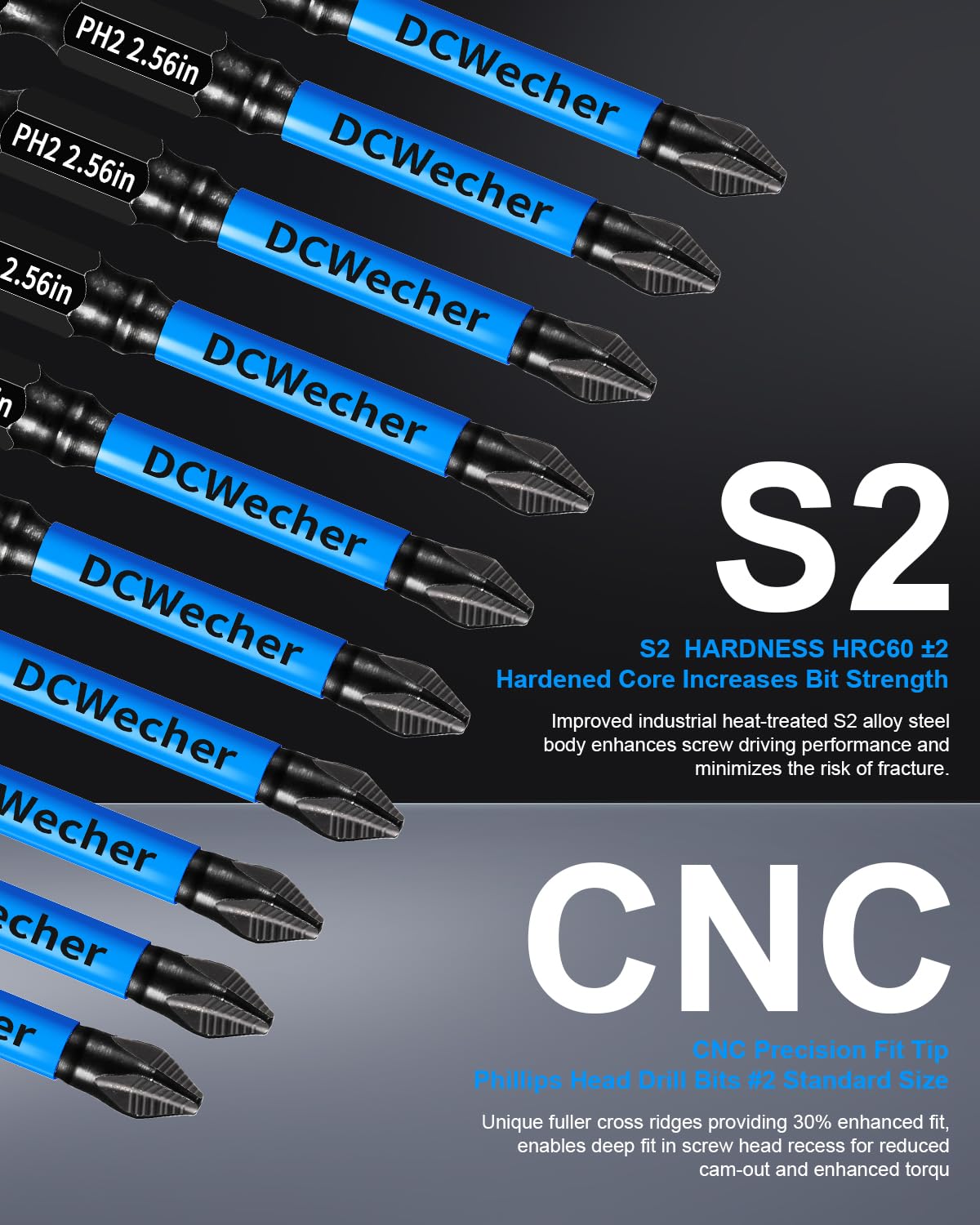 12-Pack 2 Phillips Bits, Professional CNC Anti-Slip Phillips Impact Driver Bits #2, 1 IN to 6 IN Long Screwdriver Bits, Phillips Head Drill Bits S2 Alloy Steel, Magnetic Phillips Bit, Ph2 Bits