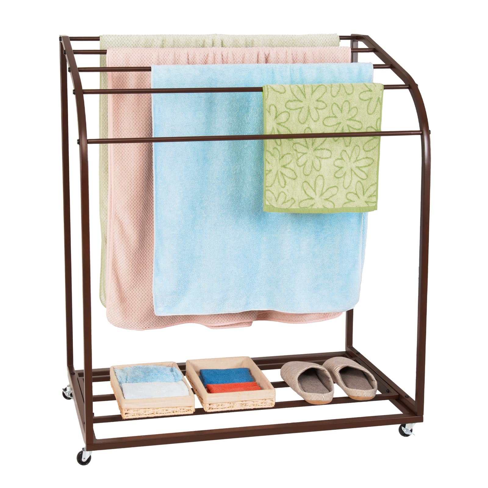 GAOMON Pool Towel Rack,Outdoor PVC Trapedozal Poolside Storage Organizer,5 Bar,Outdoor Towel Rack with Wheels,Pool Towel Holder,Stores Floats and Paddles, Towel Stand for Beach,Pool,Indoor,Brown