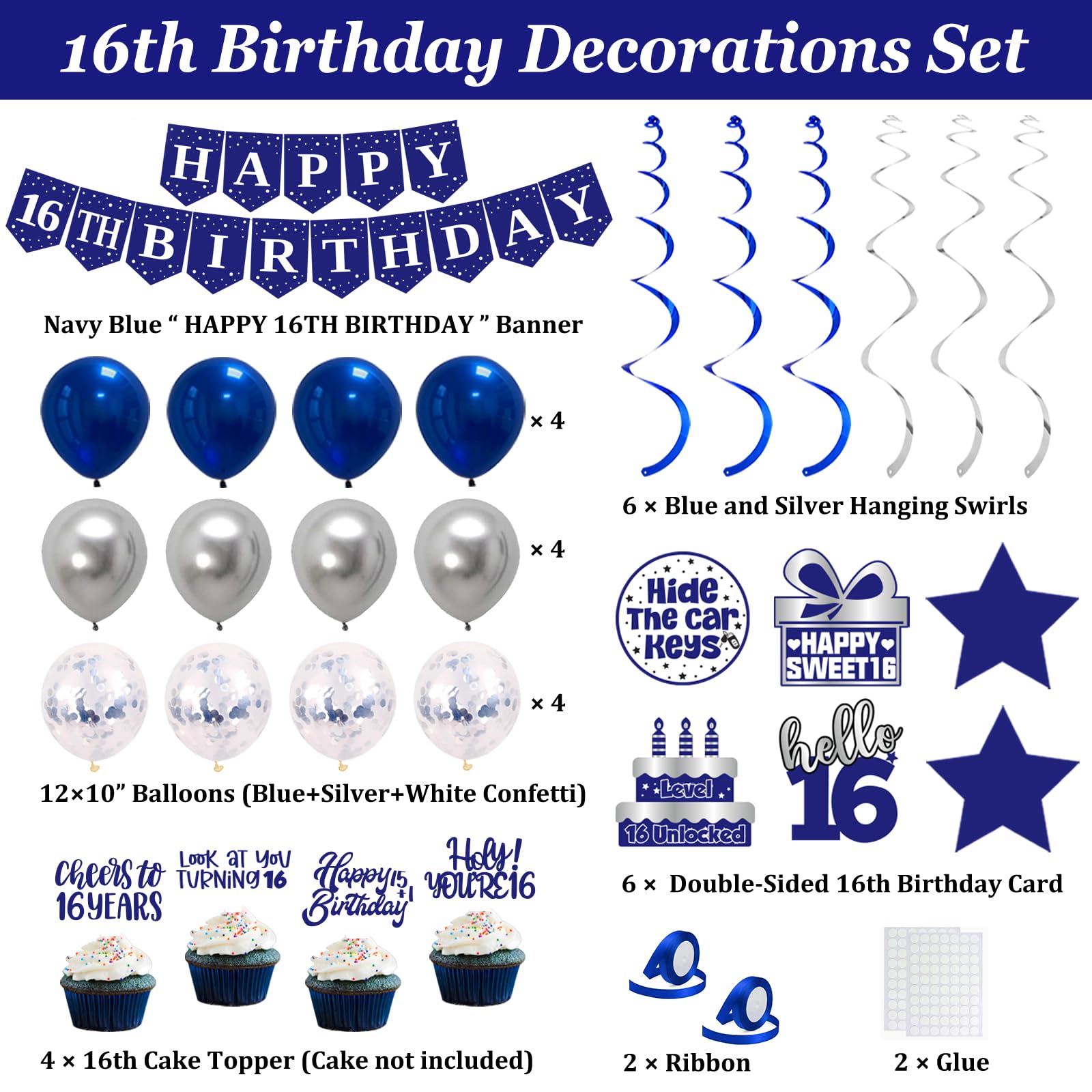 16th Birthday Decorations for Boys Girls, Blue Silver Sweet 16th Birthday Party Decorations, Happy 16th Birthday Backdrop, Banner, Balloons, Pompoms, Hanging Swirls, Birthday Card, Cake Topper 54pcs