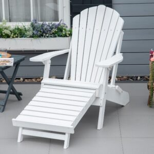 Outsunny Folding Adirondack Chair with Pull Out Ottoman, Outdoor Fir Wood Fire Pit Chair with Footrest, Porch Fanback Lounge for Patio, Poolside Lawn Garden, White