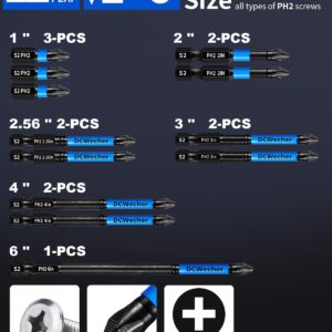 12-Pack 2 Phillips Bits, Professional CNC Anti-Slip Phillips Impact Driver Bits #2, 1 IN to 6 IN Long Screwdriver Bits, Phillips Head Drill Bits S2 Alloy Steel, Magnetic Phillips Bit, Ph2 Bits