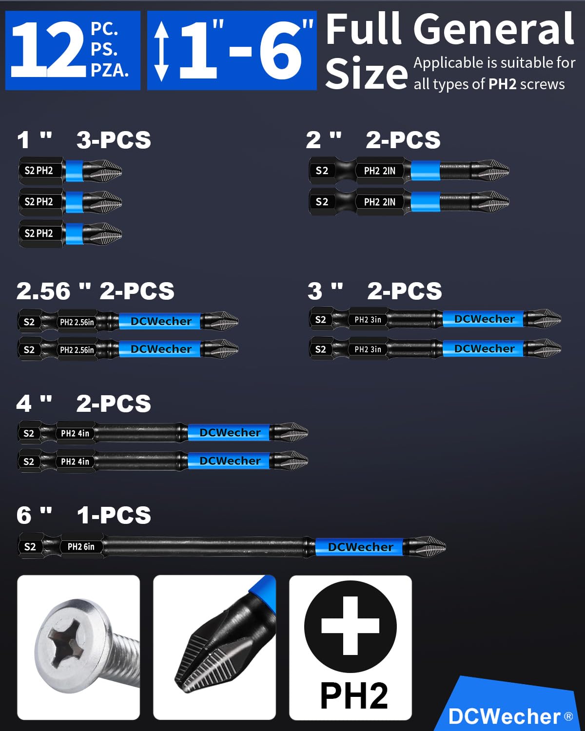 12-Pack 2 Phillips Bits, Professional CNC Anti-Slip Phillips Impact Driver Bits #2, 1 IN to 6 IN Long Screwdriver Bits, Phillips Head Drill Bits S2 Alloy Steel, Magnetic Phillips Bit, Ph2 Bits