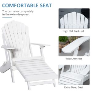 Outsunny Folding Adirondack Chair with Pull Out Ottoman, Outdoor Fir Wood Fire Pit Chair with Footrest, Porch Fanback Lounge for Patio, Poolside Lawn Garden, White