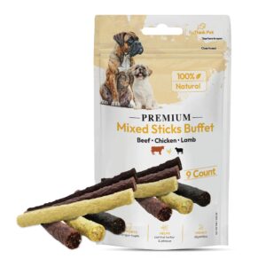 rethink pet pack of 9 rawhide sticks protein rich with beef, lamb & chicken, all natural, healthy, great tasting special reward as dog treats, long lasting dog chew, suitable for puppy small dogs