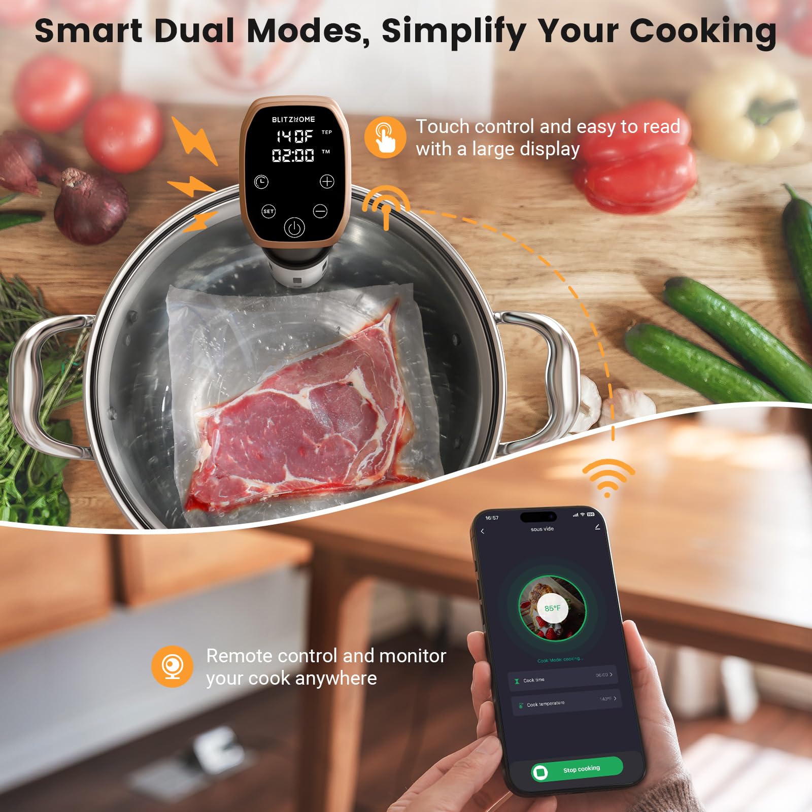 BLITZHOME Sous Vide Cooker, WiFi APP/Touch Control, IPX7 Waterproof Compact Sous Vide Machine Pro, Accurate Temperature & Timer, Ultra Quiet Stainless Precision Immersion Circulator with Recipes