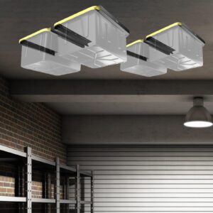 GUDESEN Overhead Bin Rack for Nine Bins | Overhead Garage Storage Rack to Mount on Ceiling with Adjustable Width | Supports Most Black and Yellow Storage Bins (4 Pack)