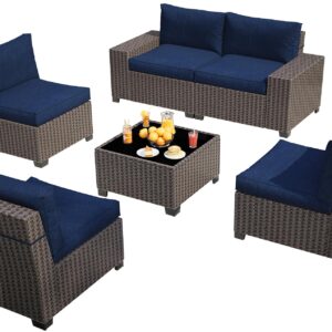 IDEALHOUSE 6 Pieces Outdoor Patio Sectional Sofa Couch, Brown PE Wicker Furniture Conversation Sets with Navy Blue Cushions & Glass Coffee Table for Garden, Poolside, Backyard (Square)