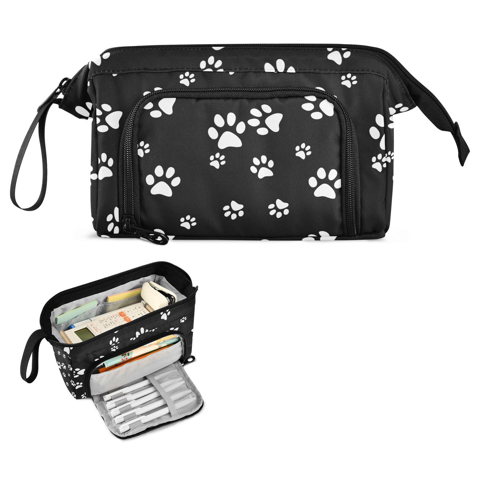 Yasala Pencil Case White Dog Cat Paw Print Black Pen Pouch Holder Art Kits Storage Bag Cosmetic Organizer Carrying Case for Office Supplies Travel Bag for Makeup Large Stationary Bag with Handle