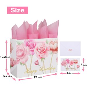 13" Large Pink Gift Bag Set with Greeting Card and Tissue Papers (Roses Design) Women's Birthday Party, Girls' Parties, Baby Shower, Baby Girl - 13”x5.2”x10.2”, 1 Pcs.